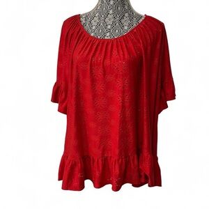 Perseption Red Eyelet Ruffle-Hem Peasant Tunic